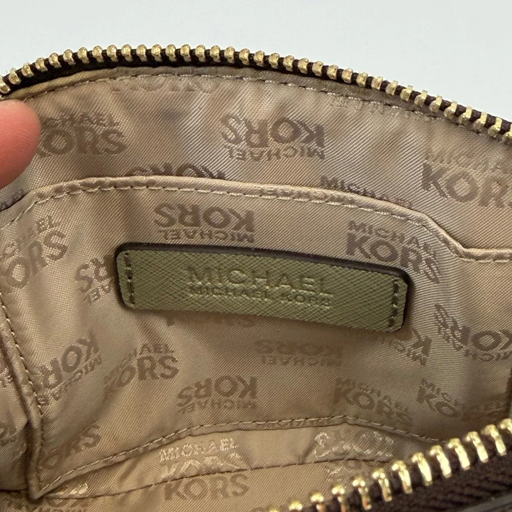 Michael Kors Brown Signature Logo Dragonfly Dome Cosmetic Pouch Bag Gold NEW